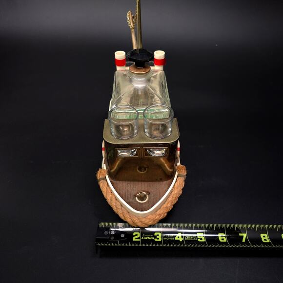 Vintage Music Box Tugboat Decanter w/ 4 Shot Glasses Maritime Home Decor - Picture 11 of 11